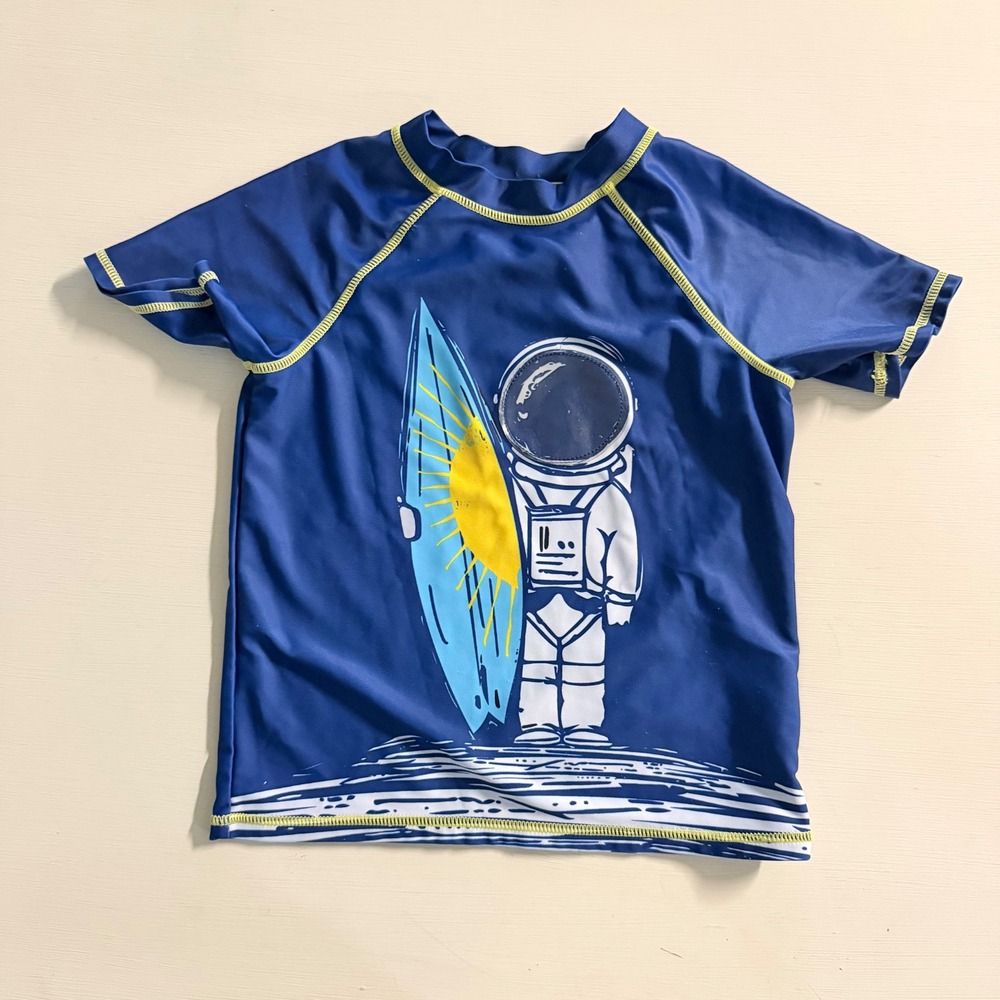 Andy & Evan Boys Blue Astronaut Surfing Rash Guard Swim Shirt Size 5Y